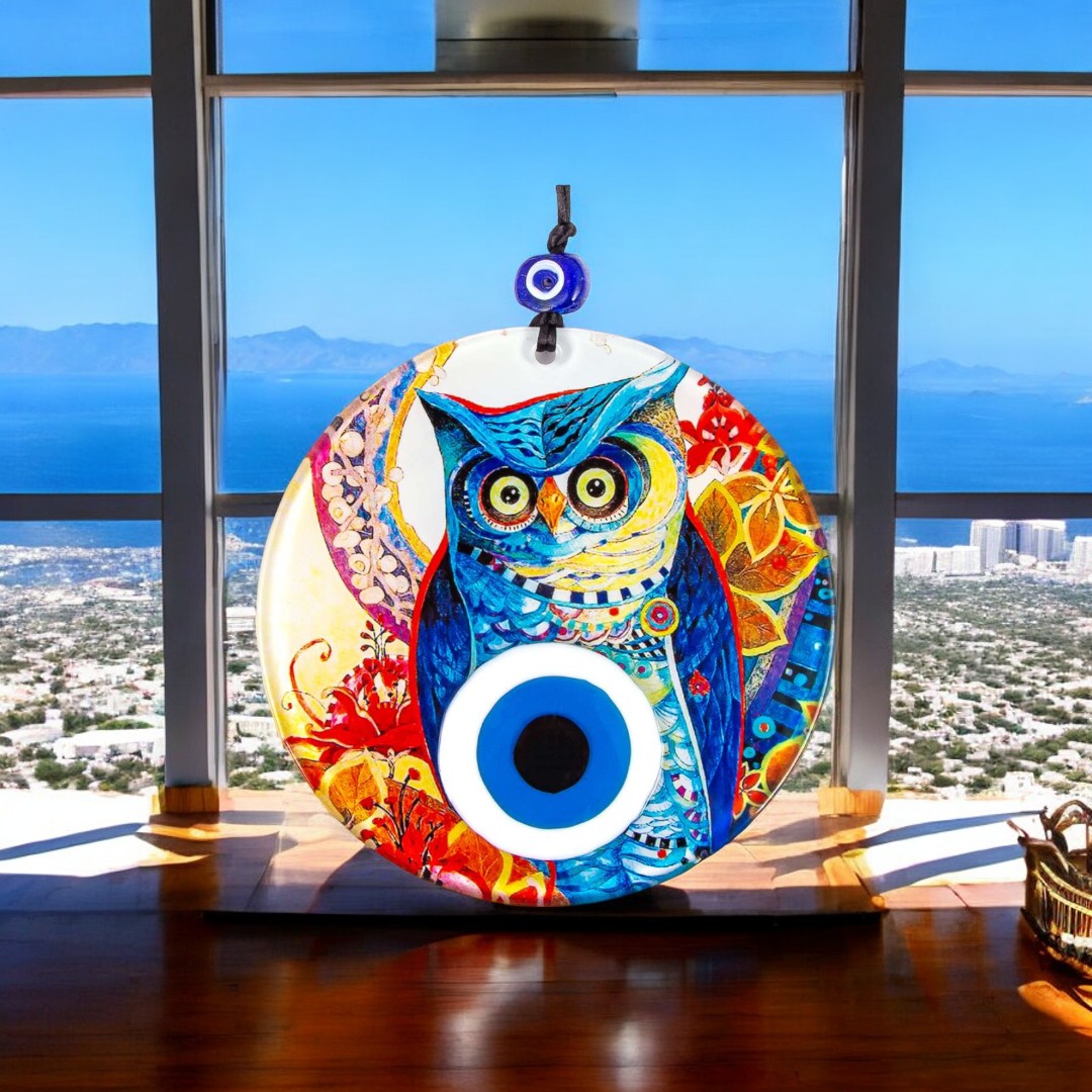 Glass Owl Design, Evil Eye, Wall Hanging, Protection and Decor, Vibrant Colors