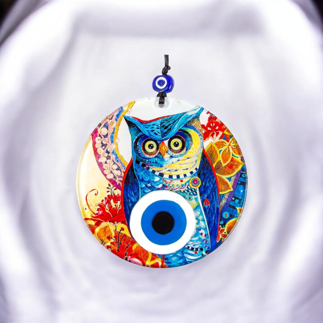 Glass Owl Design, Evil Eye, Wall Hanging, Protection and Decor, Vibrant Colors