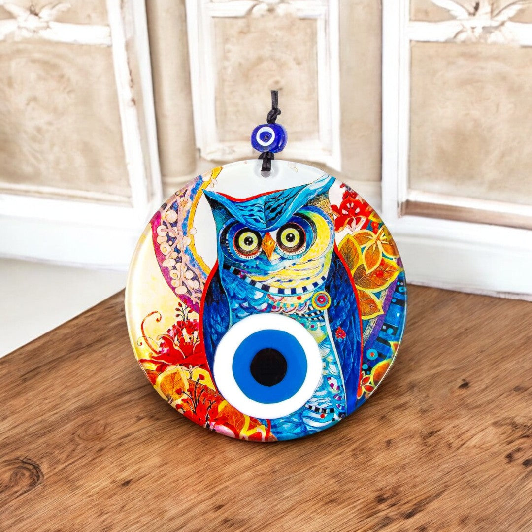 Glass Owl Design, Evil Eye, Wall Hanging, Protection and Decor, Vibrant Colors