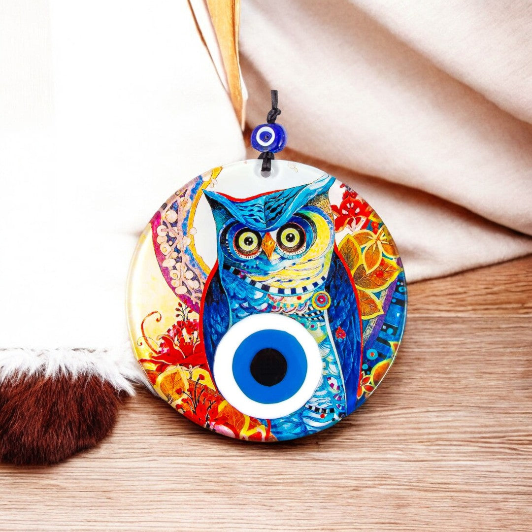 Glass Owl Design, Evil Eye, Wall Hanging, Protection and Decor, Vibrant Colors