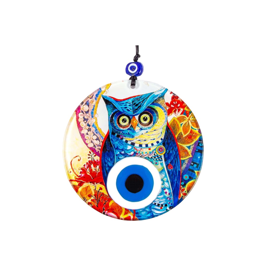 Glass Owl Design, Evil Eye, Wall Hanging, Protection and Decor, Vibrant Colors