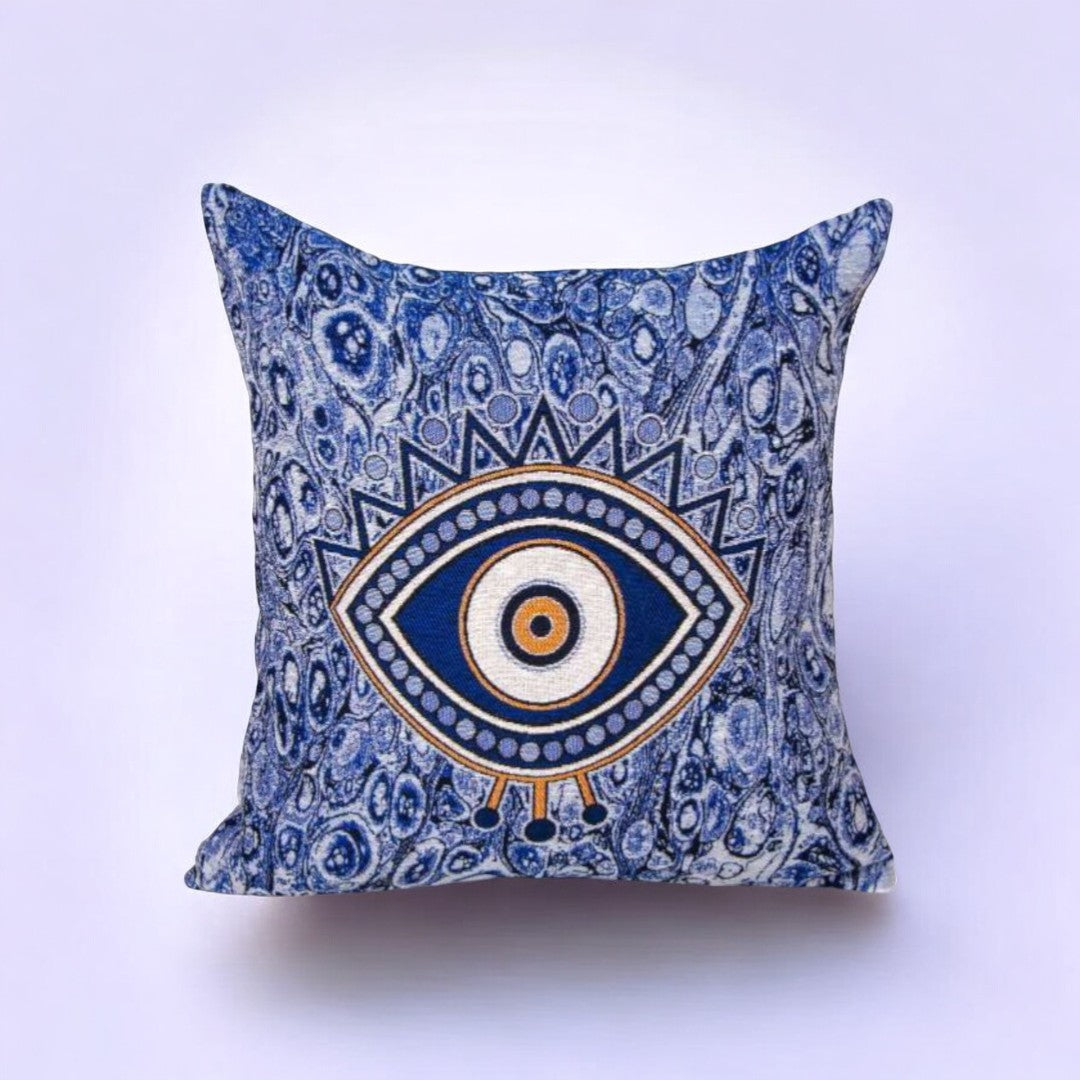 Blue with Gold Accents Evil Eye Pillow Cover, Protective Decor