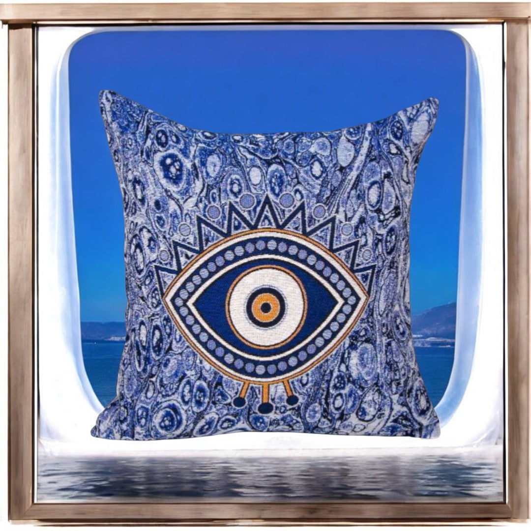 Blue with Gold Accents Evil Eye Pillow Cover, Protective Decor