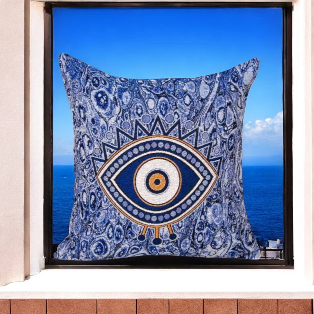 Blue with Gold Accents Evil Eye Pillow Cover, Protective Decor