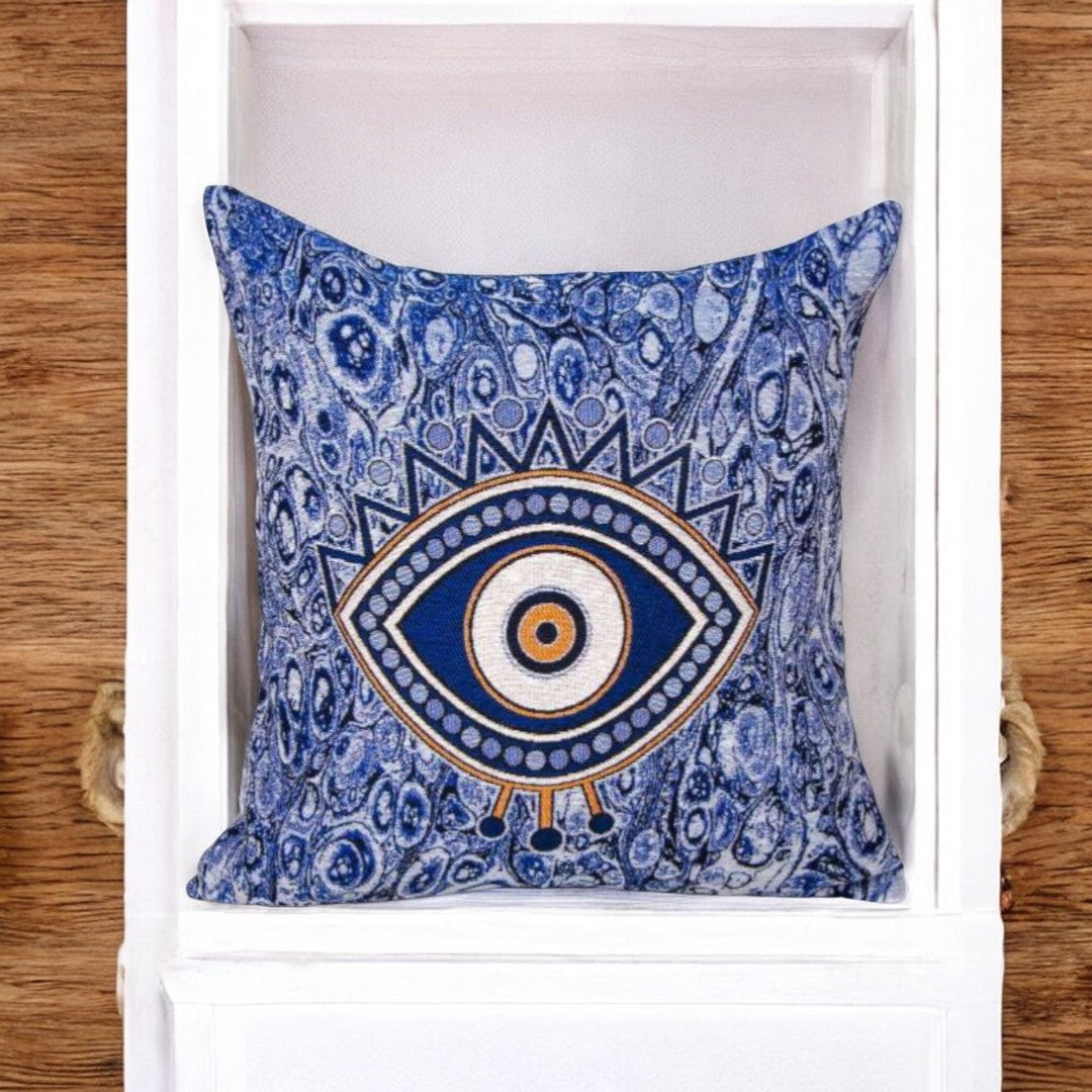 Blue with Gold Accents Evil Eye Pillow Cover, Protective Decor