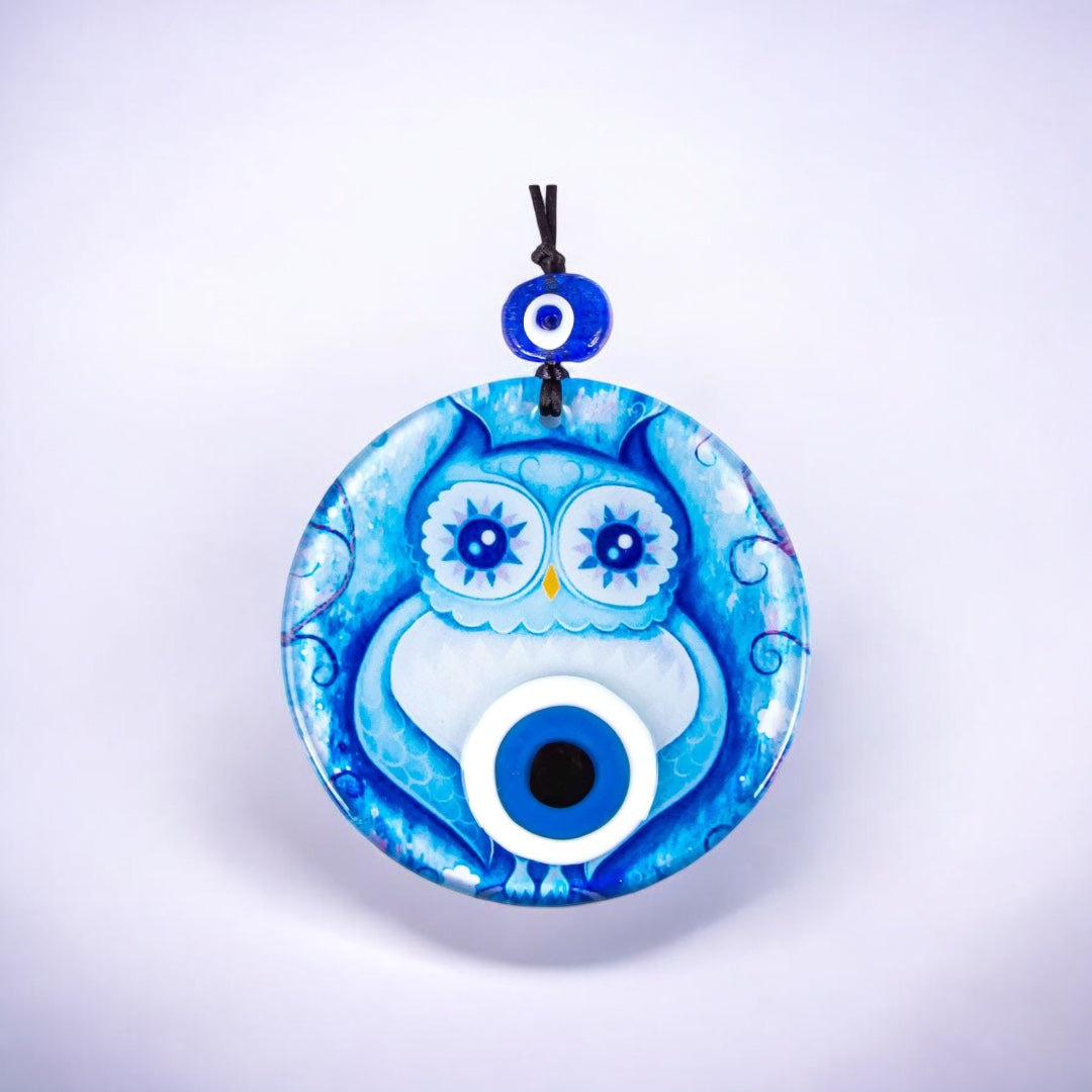 Evil Eye, Owl Design, Hanging Decor, Fusion Glass,  Protection Wall Art