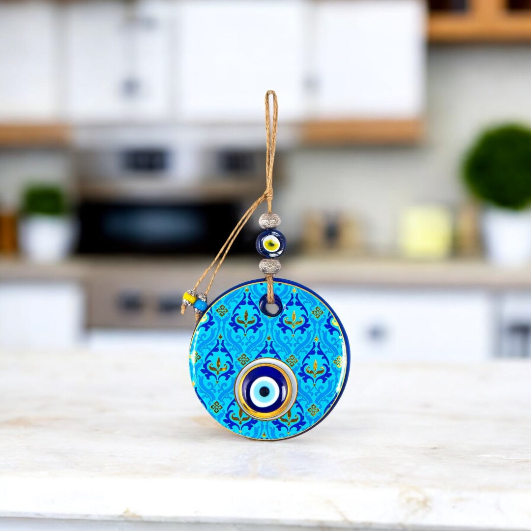 Glass Evil Eye, Wall Hanging Ornament, Gold Accents, Home Decor