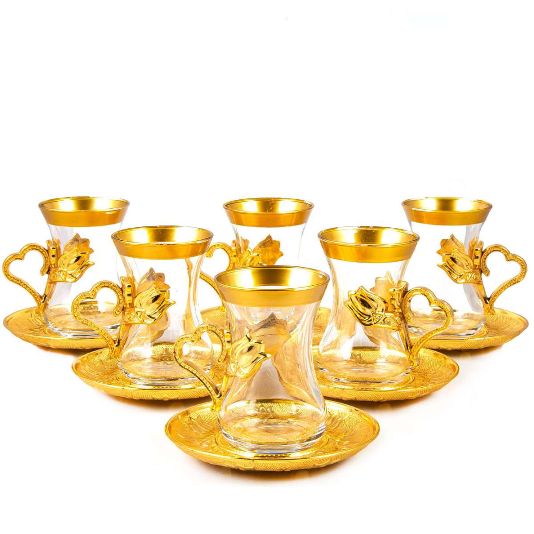 Golden Heart Turkish Tea Set – Elegant Glass and Metal Design with Heart Patterns