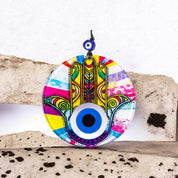 Vibrant Yellow Hamsa and Eye Design on Round Glass, Multicolor Accents, Protection, Cultural Decor, Birthday Gift