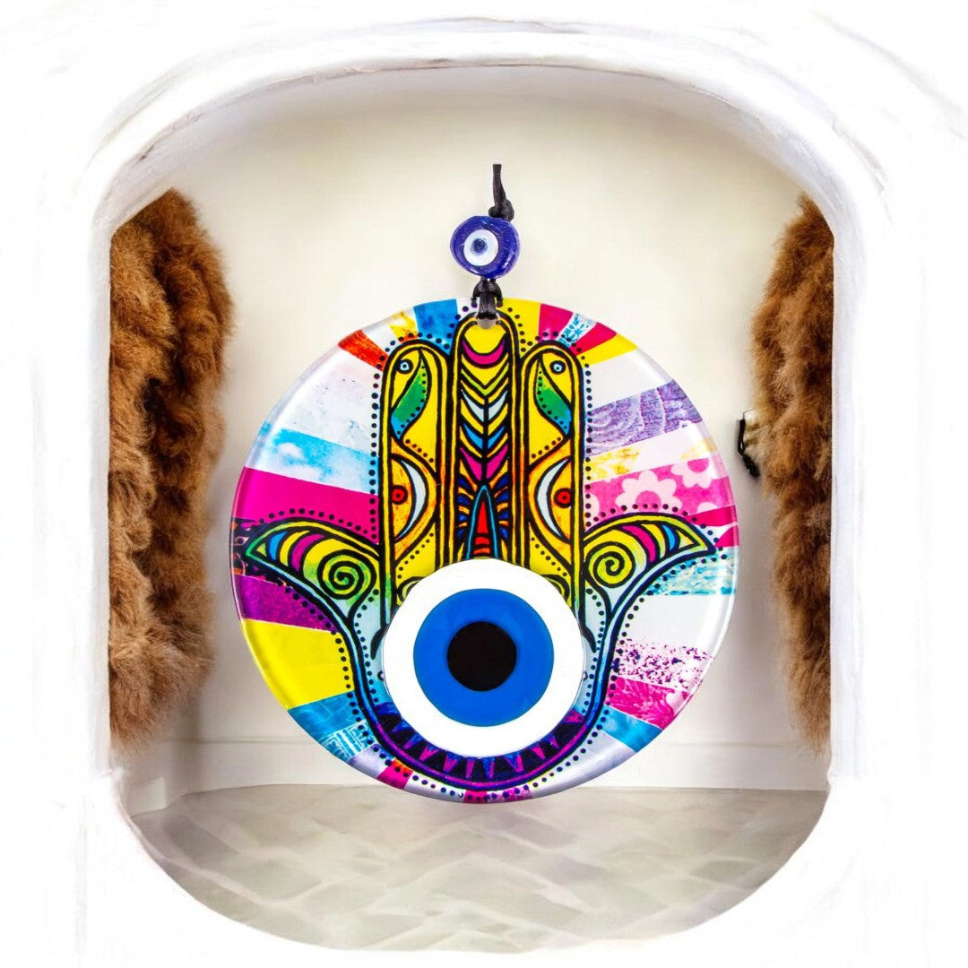 Vibrant Yellow Hamsa and Eye Design on Round Glass, Multicolor Accents, Protection, Cultural Decor, Birthday Gift