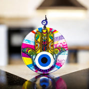 Vibrant Yellow Hamsa and Eye Design on Round Glass, Multicolor Accents, Protection, Cultural Decor, Birthday Gift