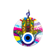 Vibrant Yellow Hamsa and Eye Design on Round Glass, Multicolor Accents, Protection, Cultural Decor, Birthday Gift