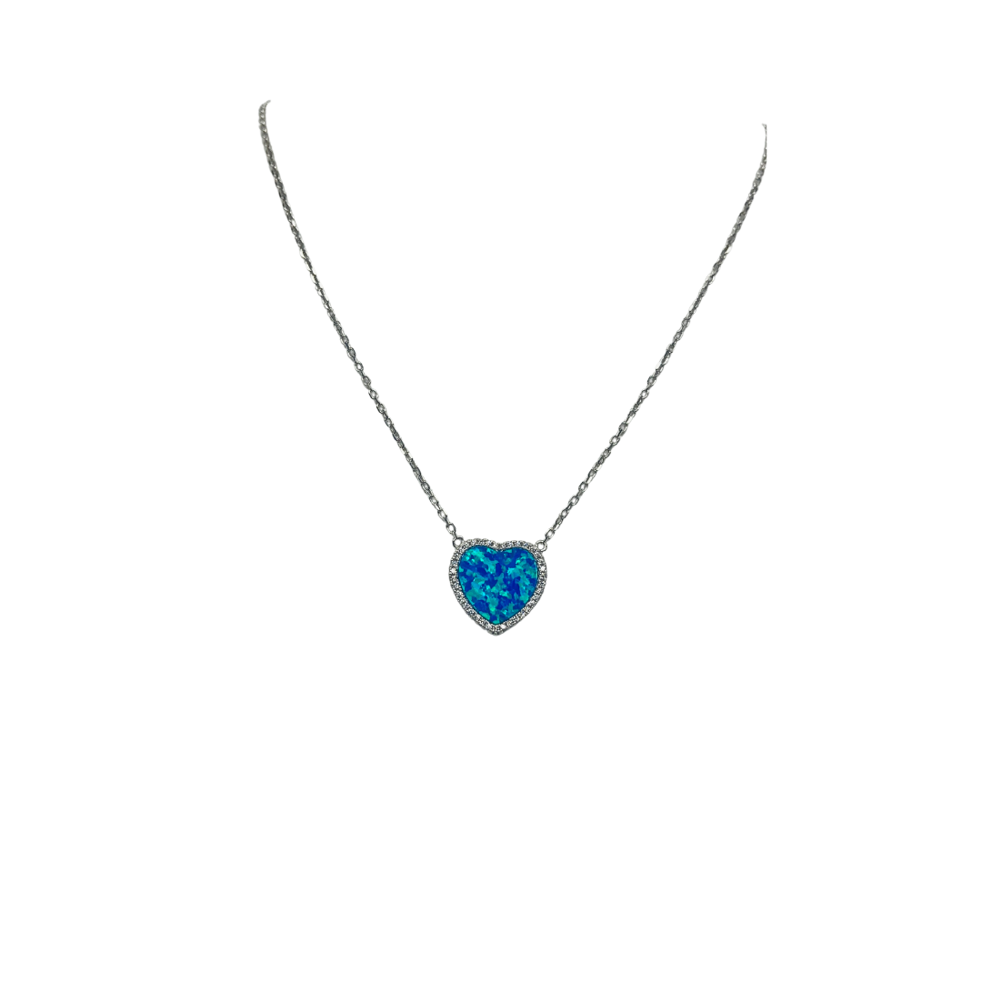 Stunning Blue Opal Heart Pendant Necklace with Zircon Border, Elegant Sterling Silver Jewelry Gift