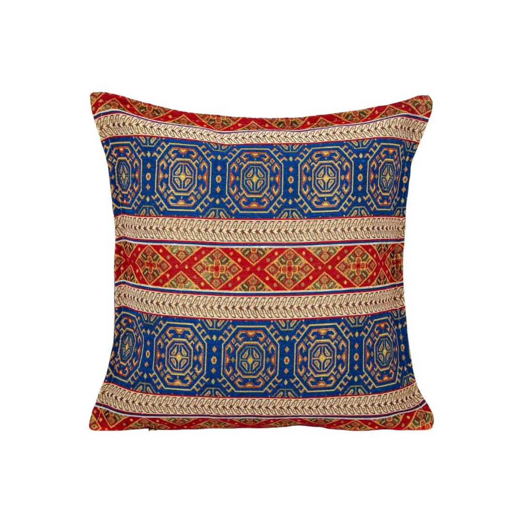 Fabric Pillow Cover, Geometric Design, Blue and Red Accents