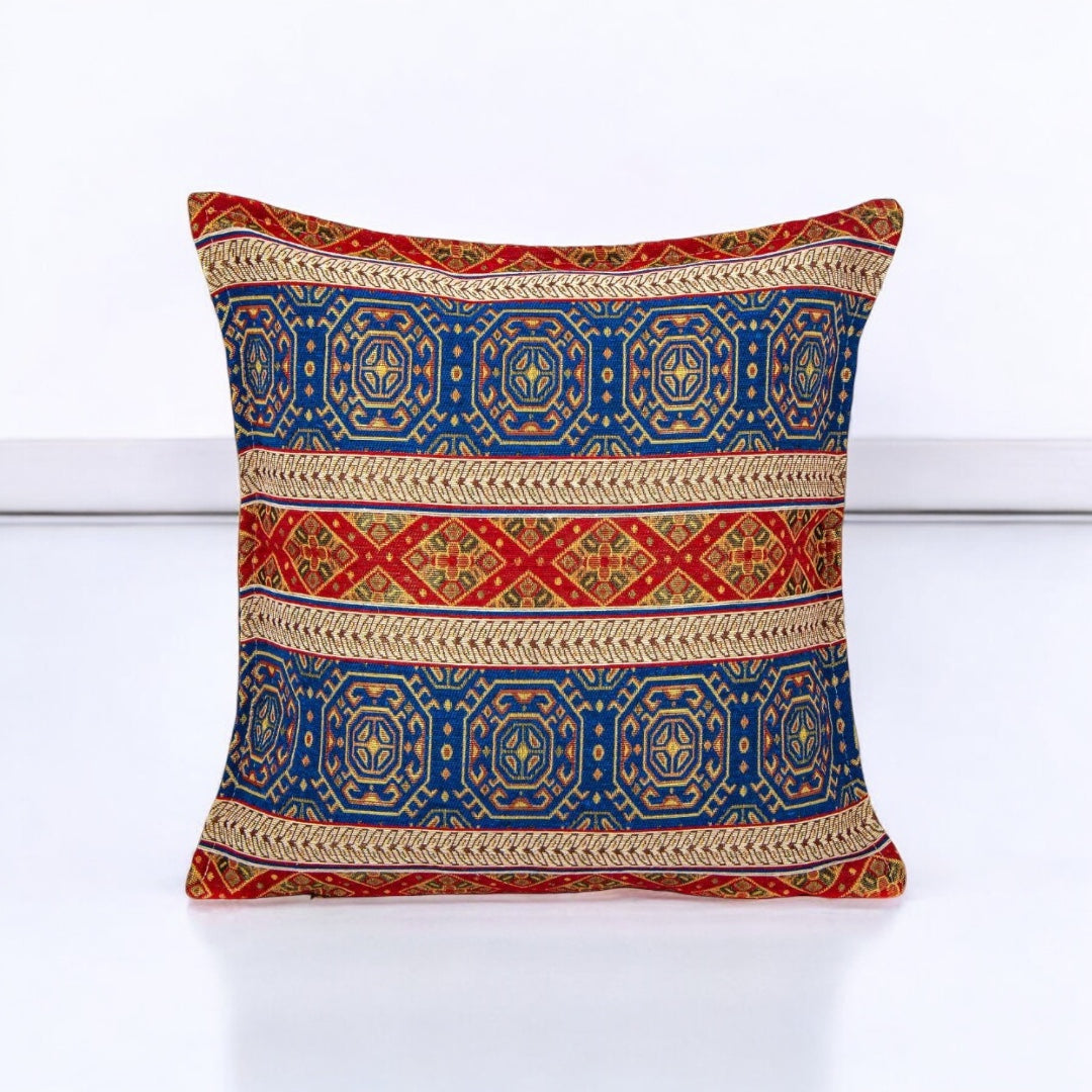 Fabric Pillow Cover, Geometric Design, Blue and Red Accents