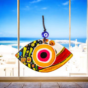 Eye Shaped Evil Eye Wall Art, Multi-Color, Fused Glass with Yellow, Pink, and Black Accents