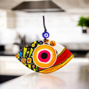 Eye Shaped Evil Eye Wall Art, Multi-Color, Fused Glass with Yellow, Pink, and Black Accents