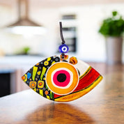 Eye Shaped Evil Eye Wall Art, Multi-Color, Fused Glass with Yellow, Pink, and Black Accents