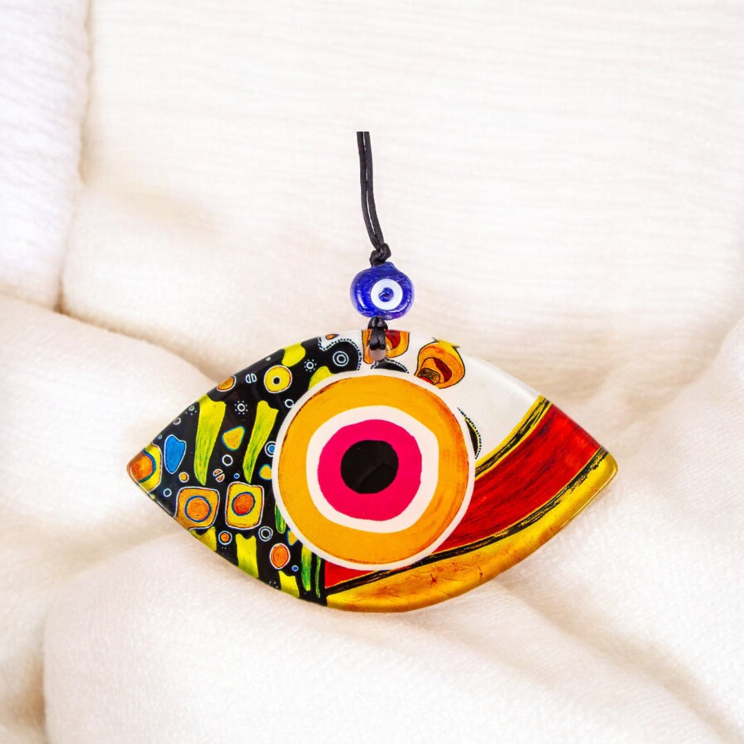 Eye Shaped Evil Eye Wall Art, Multi-Color, Fused Glass with Yellow, Pink, and Black Accents