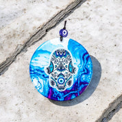 Glass Hamsa, Evil Eye, Wall Hanging, Vibrant Blues Shades, Protection Ornament, Home Decor, Holiday Gift