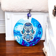 Glass Hamsa, Evil Eye, Wall Hanging, Vibrant Blues Shades, Protection Ornament, Home Decor, Holiday Gift