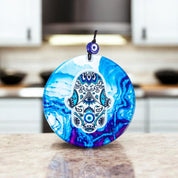 Glass Hamsa, Evil Eye, Wall Hanging, Vibrant Blues Shades, Protection Ornament, Home Decor, Holiday Gift