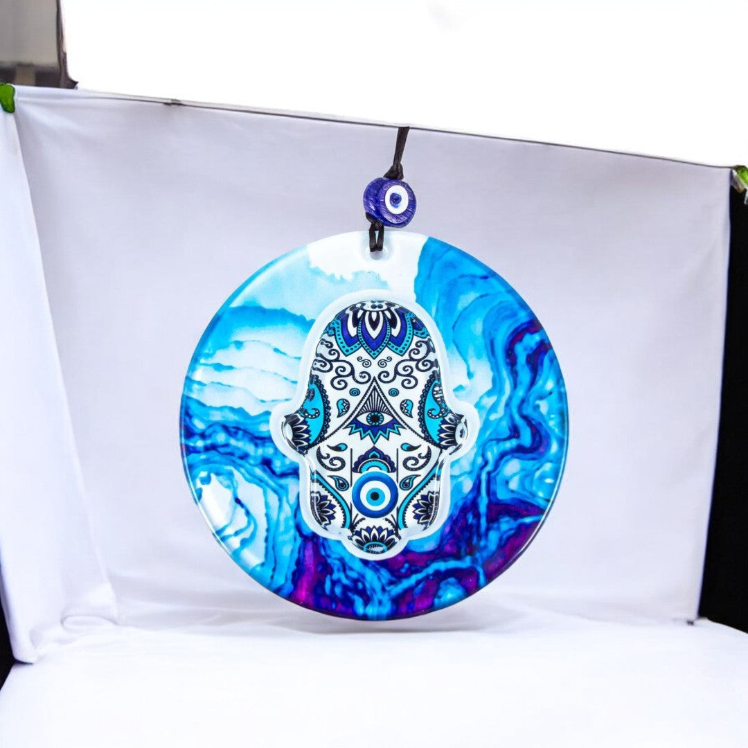 Glass Hamsa, Evil Eye, Wall Hanging, Vibrant Blues Shades, Protection Ornament, Home Decor, Holiday Gift