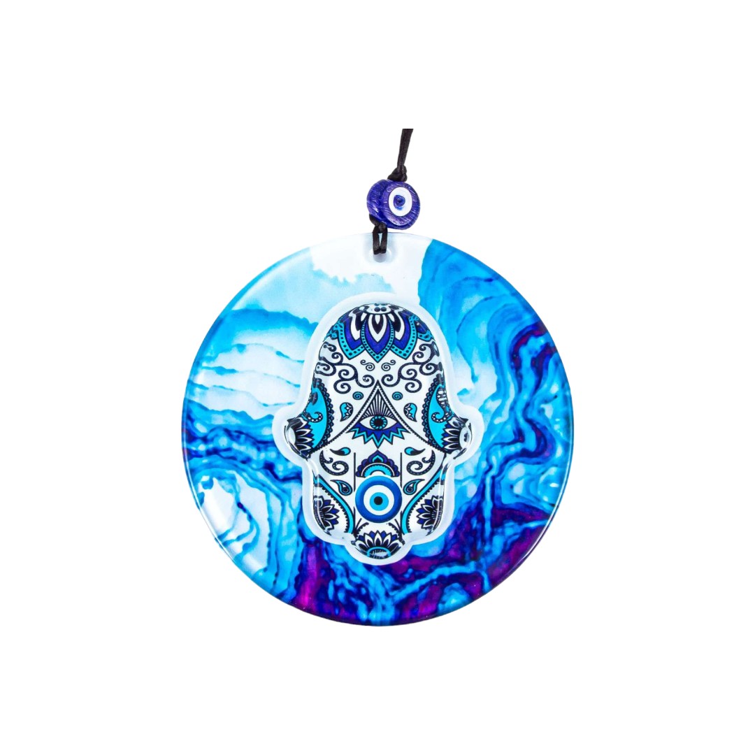 Glass Hamsa, Evil Eye, Wall Hanging, Vibrant Blues Shades, Protection Ornament, Home Decor, Holiday Gift