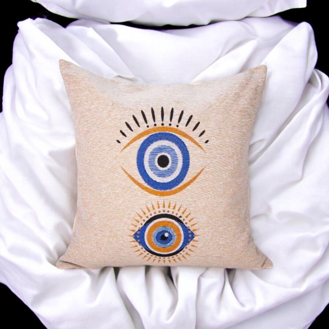 Double Protection Evil Eye Pillow Cover, Blue with Gold and Blue Accents