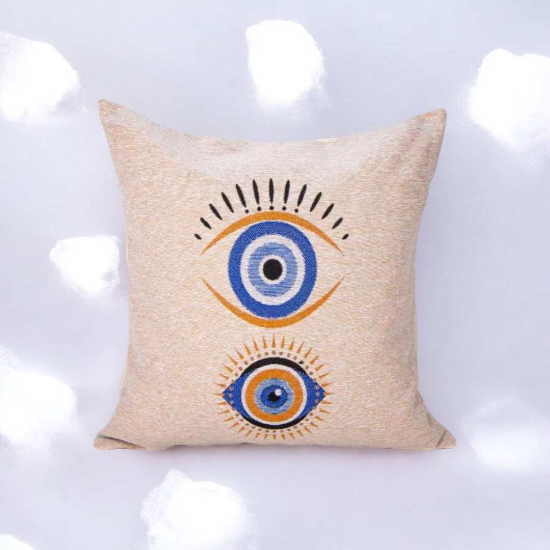 Double Protection Evil Eye Pillow Cover, Blue with Gold and Blue Accents