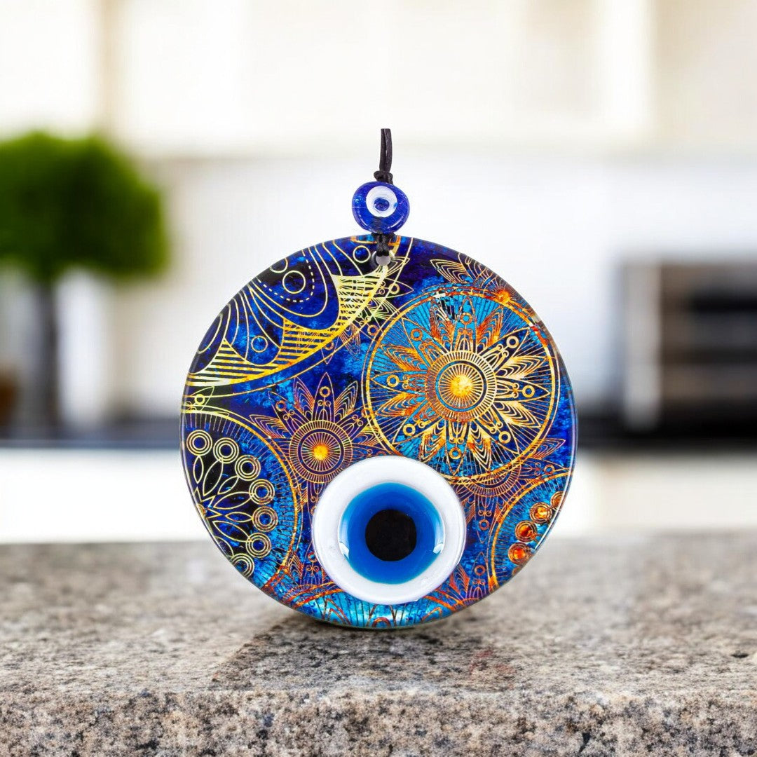 Handmade Triple Layered Evil Eye Glass Design on Sun Motif Glass - Protection Symbol, Cultural Decor Gift