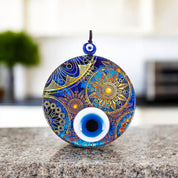 Handmade Triple Layered Evil Eye Glass Design on Sun Motif Glass - Protection Symbol, Cultural Decor Gift