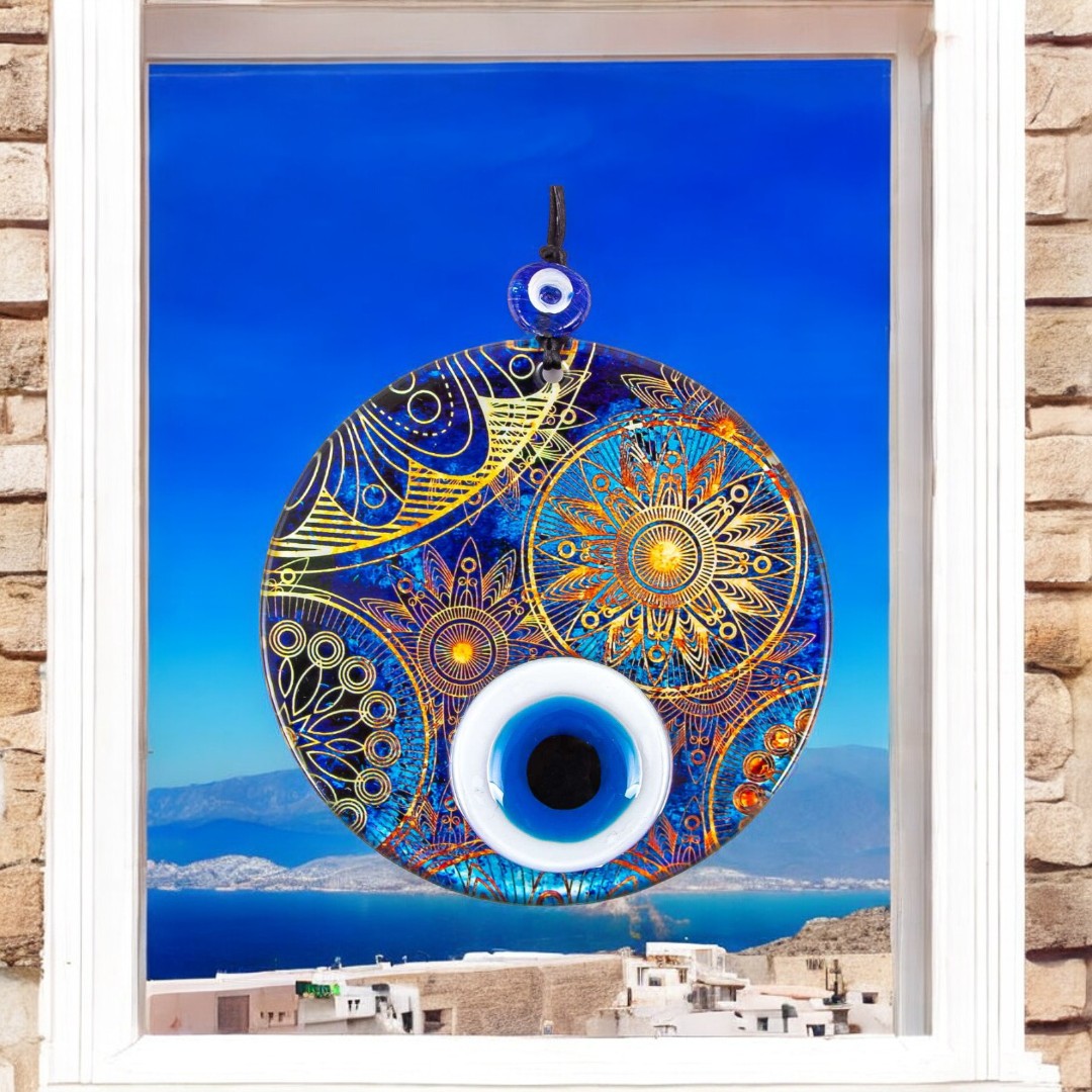 Handmade Triple Layered Evil Eye Glass Design on Sun Motif Glass - Protection Symbol, Cultural Decor Gift