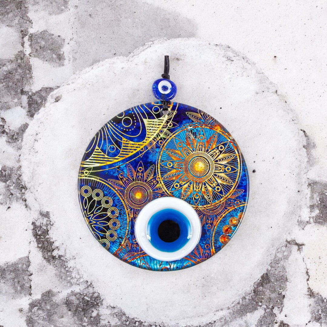 Handmade Triple Layered Evil Eye Glass Design on Sun Motif Glass - Protection Symbol, Cultural Decor Gift