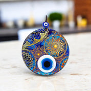 Handmade Triple Layered Evil Eye Glass Design on Sun Motif Glass - Protection Symbol, Cultural Decor Gift