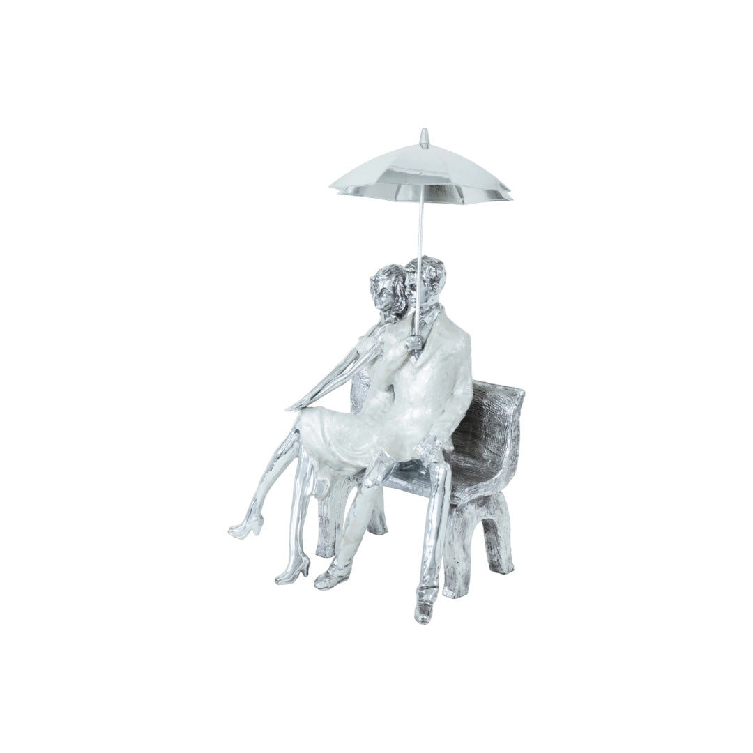 Romantic Moments Under the Umbrella - Couple on Bench Sculpture