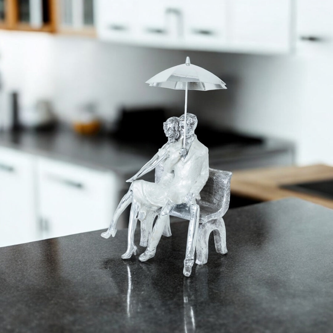 Romantic Moments Under the Umbrella - Couple on Bench Sculpture