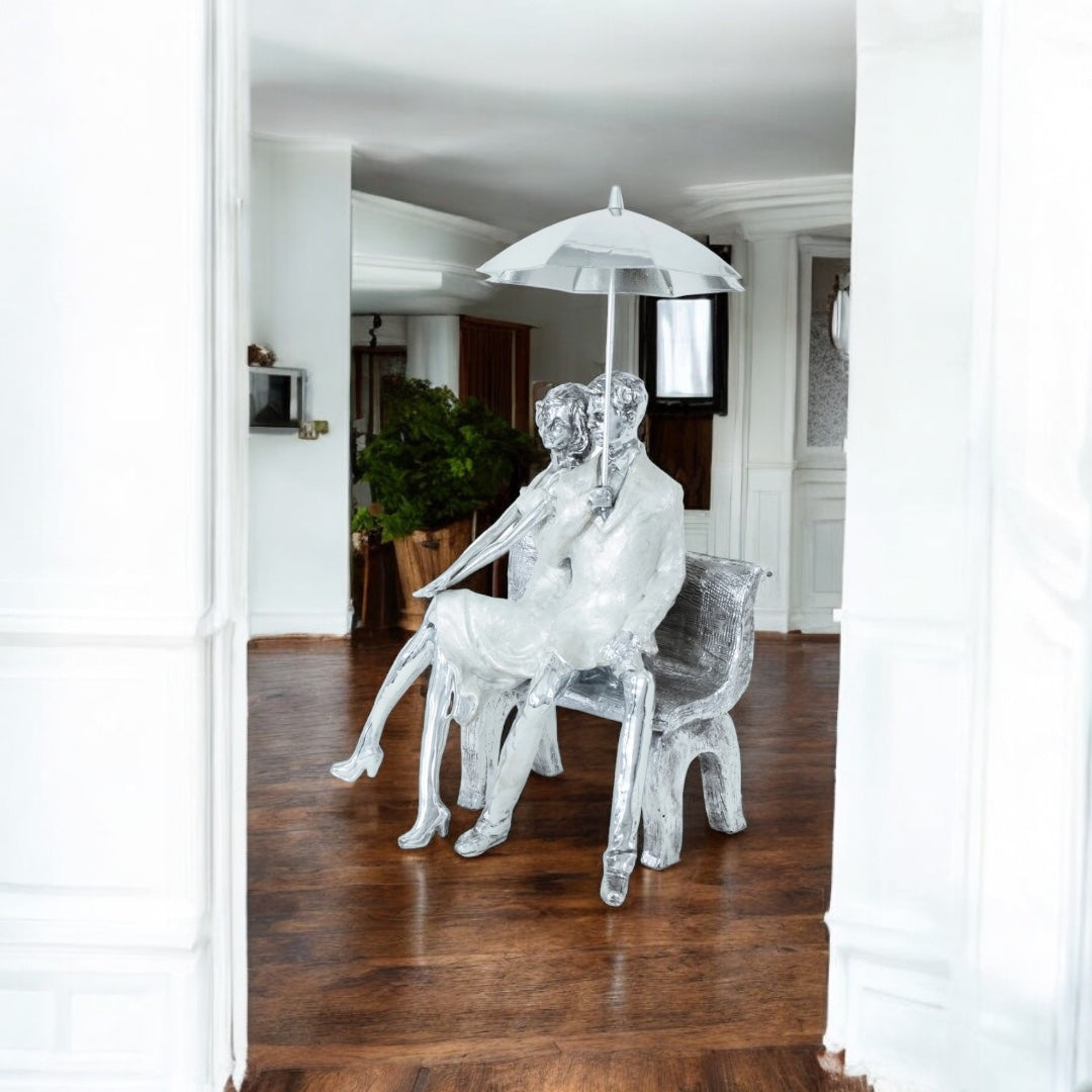 Romantic Moments Under the Umbrella - Couple on Bench Sculpture