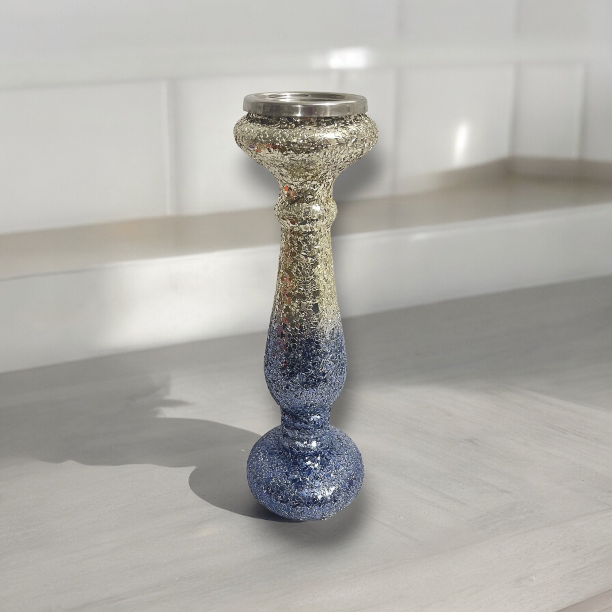 12" SILVER BLUE, CRACKLED  CANDLE HOLDER