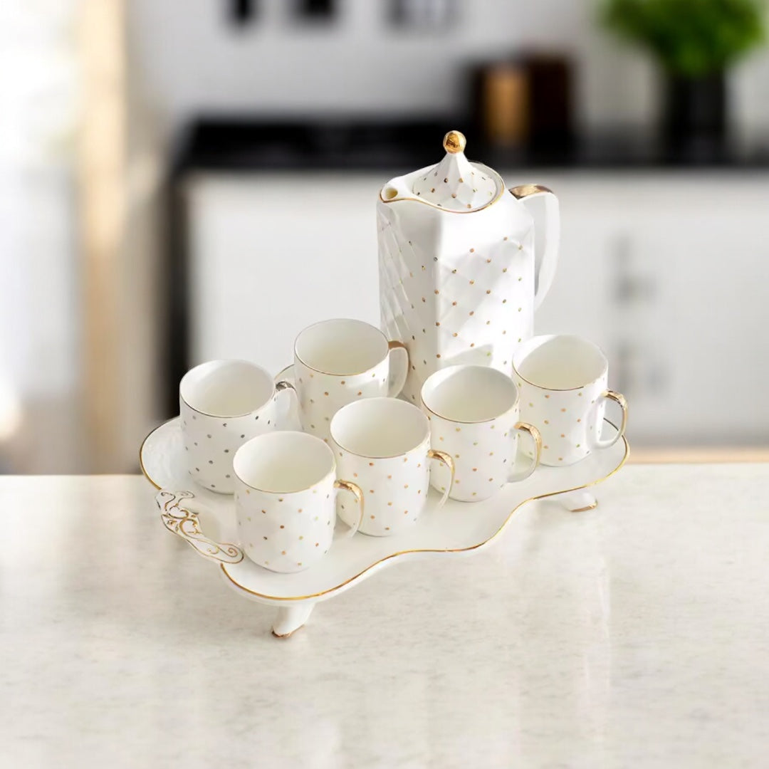 White Ceramic Tea Cup Set with Gold Accents