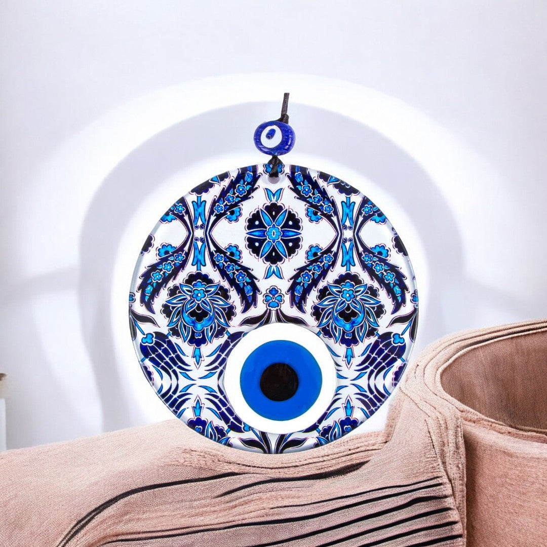 Glass Decor, Intricate Blue and White Accents Design, Evil Eye Protection Symbol, Cultural Decor, Unique Gift