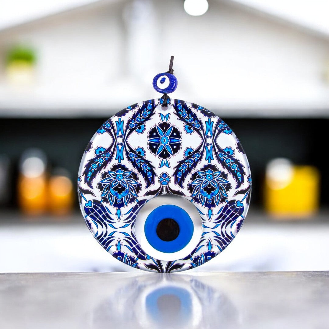 Glass Decor, Intricate Blue and White Accents Design, Evil Eye Protection Symbol, Cultural Decor, Unique Gift