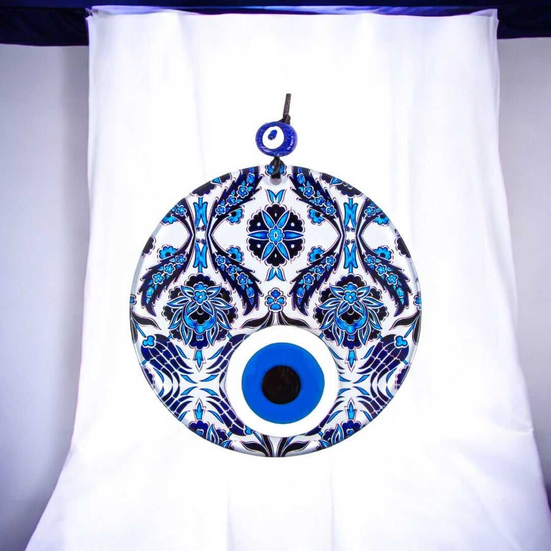 Glass Decor, Intricate Blue and White Accents Design, Evil Eye Protection Symbol, Cultural Decor, Unique Gift