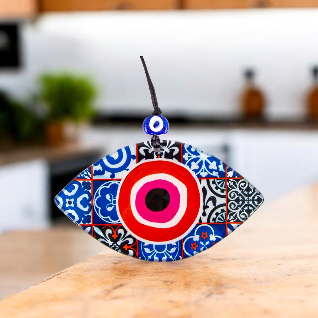 Turkish Evil Eye Wall Art, Multi-Color Fused Glass with Red and Pink Eye Shaped Center