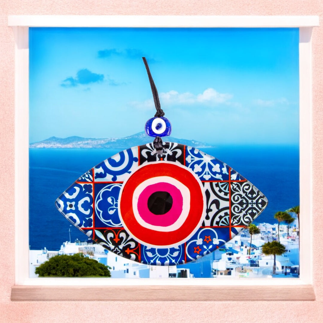 Turkish Evil Eye Wall Art, Multi-Color Fused Glass with Red and Pink Eye Shaped Center