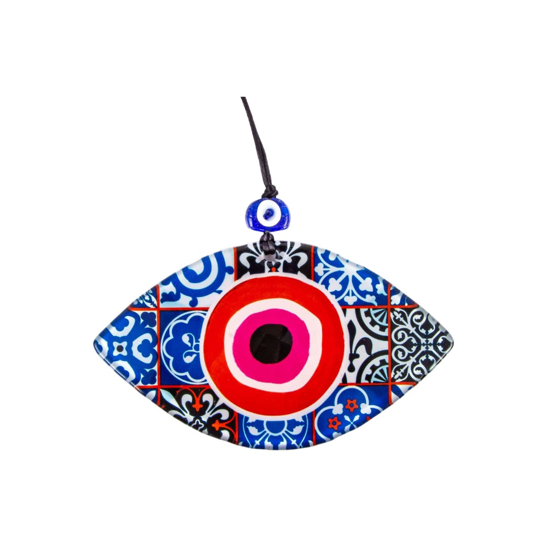 Turkish Evil Eye Wall Art, Multi-Color Fused Glass with Red and Pink Eye Shaped Center