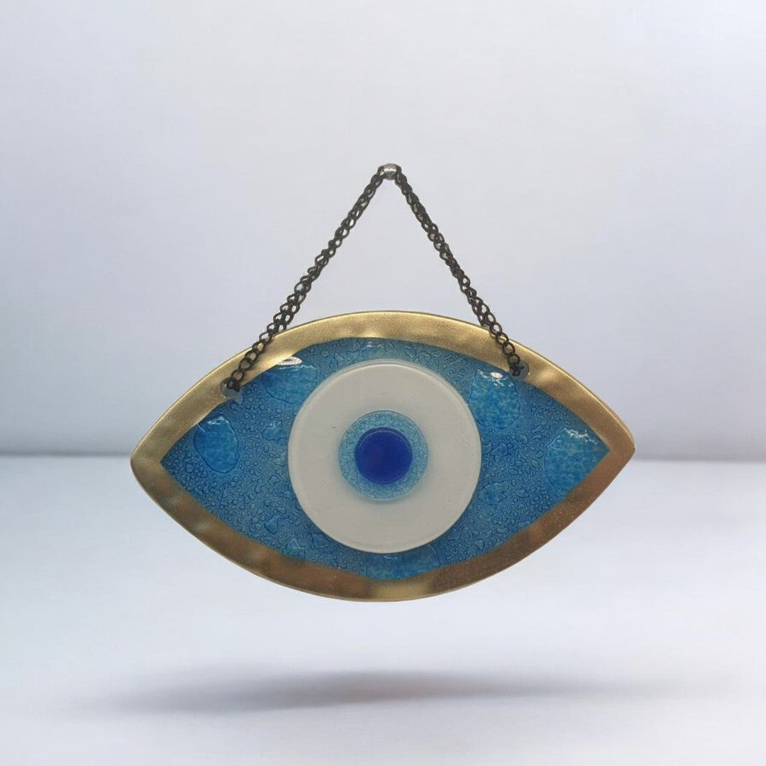 Handmade Fused Glass Wall Hanging with Light Blue and Gold Bubble Glass and Evil Eye Design for Home Decor