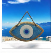 Handmade Fused Glass Wall Hanging with Light Blue and Gold Bubble Glass and Evil Eye Design for Home Decor