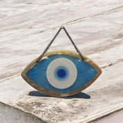 Handmade Fused Glass Wall Hanging with Light Blue and Gold Bubble Glass and Evil Eye Design for Home Decor