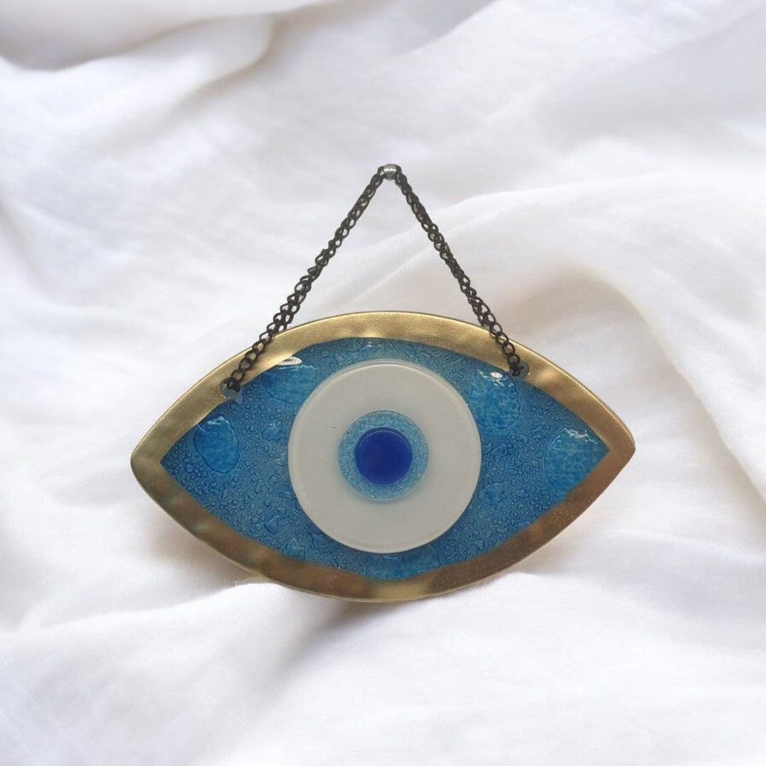 Handmade Fused Glass Wall Hanging with Light Blue and Gold Bubble Glass and Evil Eye Design for Home Decor